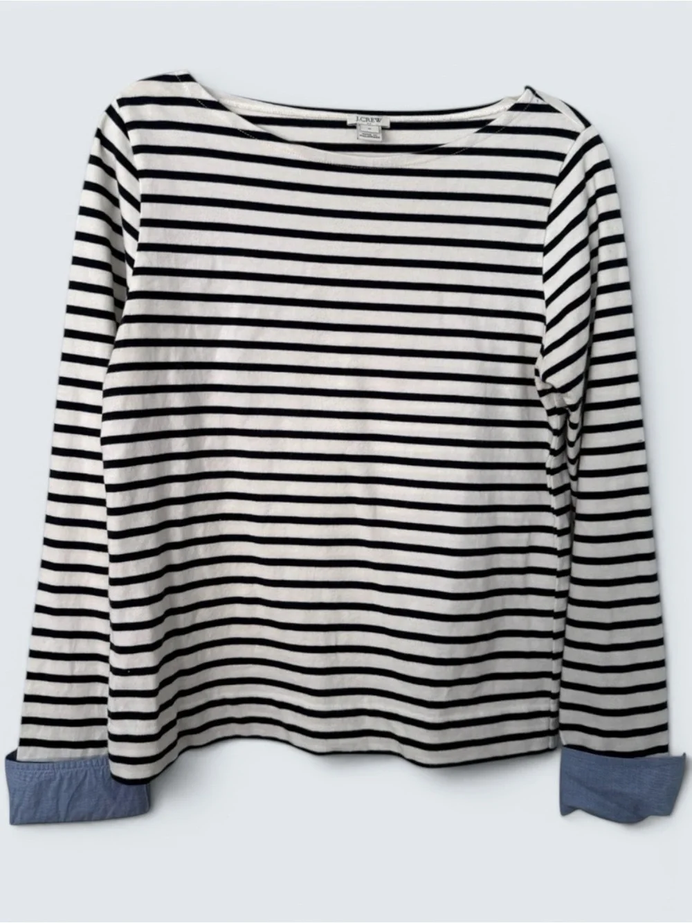 J Crew Layered-Look Boatneck Tee L/S Chambray Cuffs M Nautical Preppy Coastal